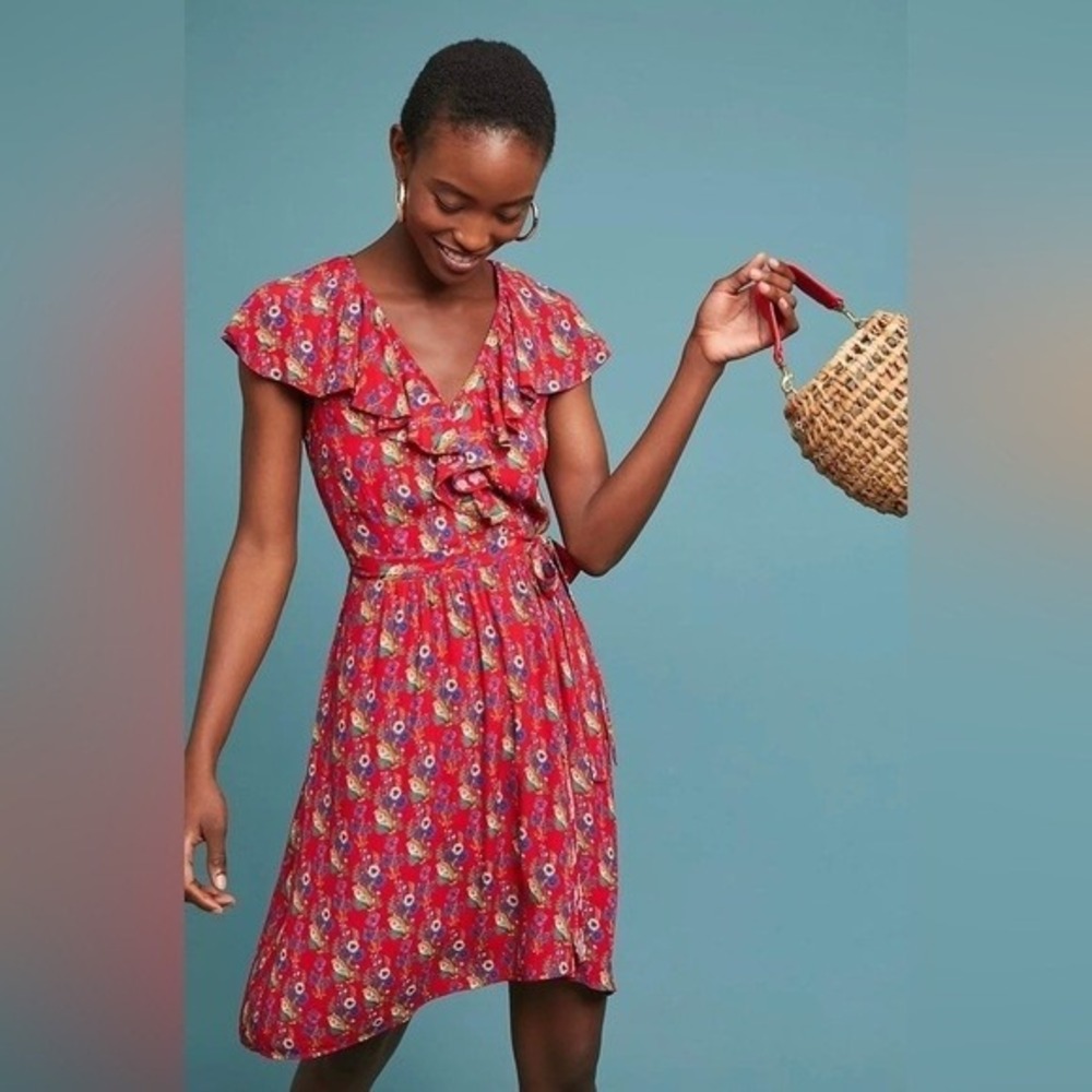 Maeve Anthropologie Boho Indie Floral Paisley Ruffle Wrap Dress Size 6 Red